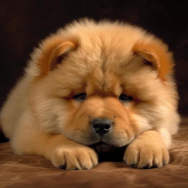 Portrait of cute chow chow puppy lying on blanket created using generative ai technology