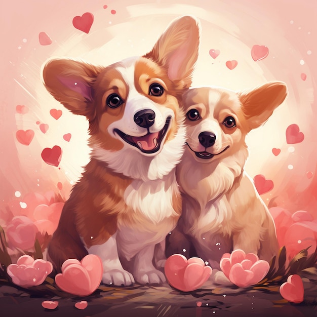 Портрет милой пары собак-корги с розовыми сердцами, созданный ИИ