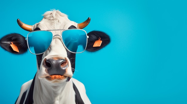 portrait of cute cow in sunglasses on color background funny animal concept