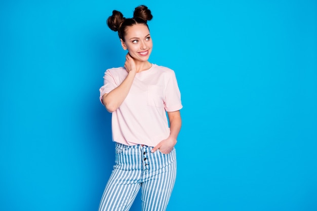 Photo portrait of cute curious cheerful girlfriend posing empty space