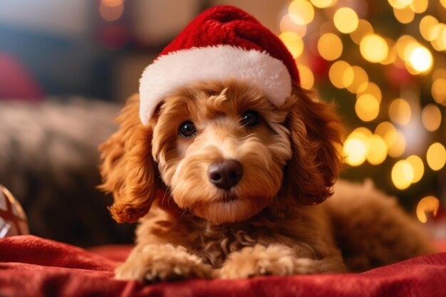 Portrait of cute dog celebrating Christmas holidays wearing a red Santa Claus hat AI Generative