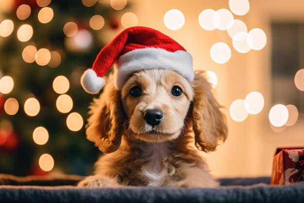 Portrait of cute dog celebrating Christmas holidays wearing a red Santa Claus hat AI Generative