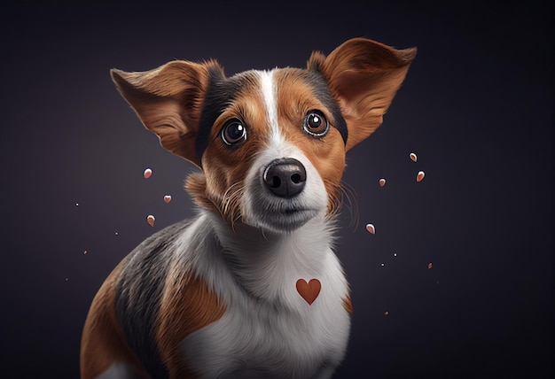 Portrait of a cute dog on a dark background with hearts generative ai