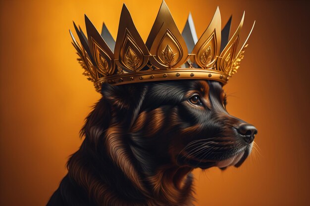 純色の背景に金色の王冠をかぶった可愛い犬の肖像画