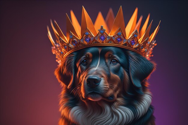 Portrait of a cute dog in a golden crown on a solid color background ai generative