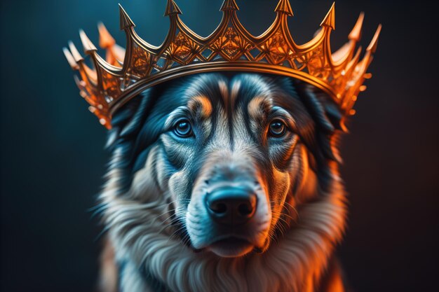 Portrait of a cute dog in a golden crown on a solid color background ai generative