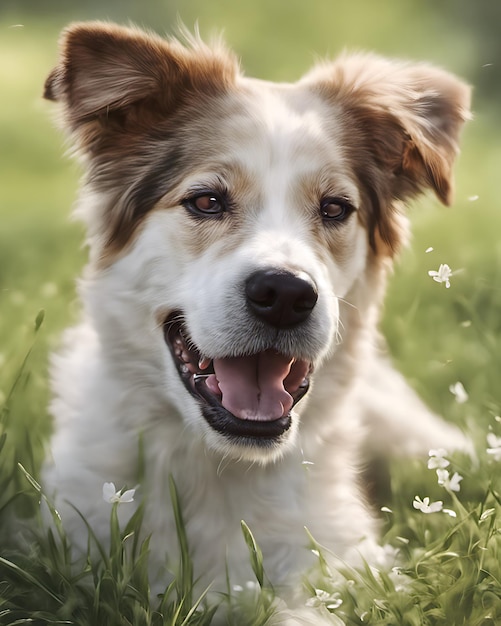 花のある緑の牧草地にかわいい犬の肖像画