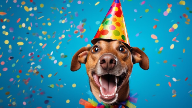 Portrait of a cute dog wearing a party hat for birthday celebration