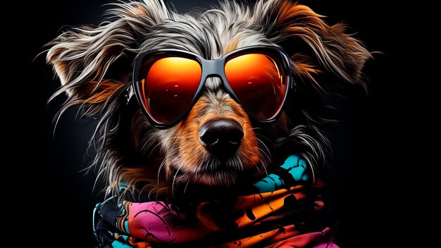 Portrait of a cute dog wearing sunglasses on a black background Punk style