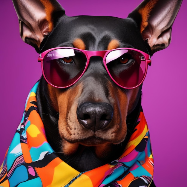 portrait of a cute dog wearing sunglasses and hat with pink sunglasses and sunglasses with a bo