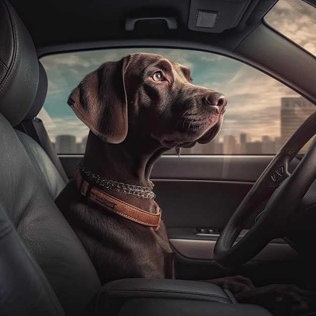 차에 앉아 있는 귀여운 강아지 weimaraner의 초상화