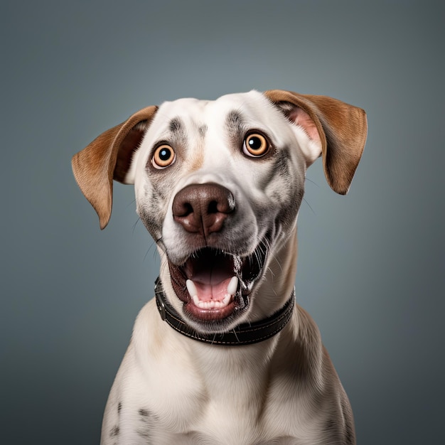 Portrait of a cute dog with open eyes and mouth looking ahead on isolated solid background