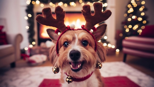 Portrait of cute dog with reindeers antlers