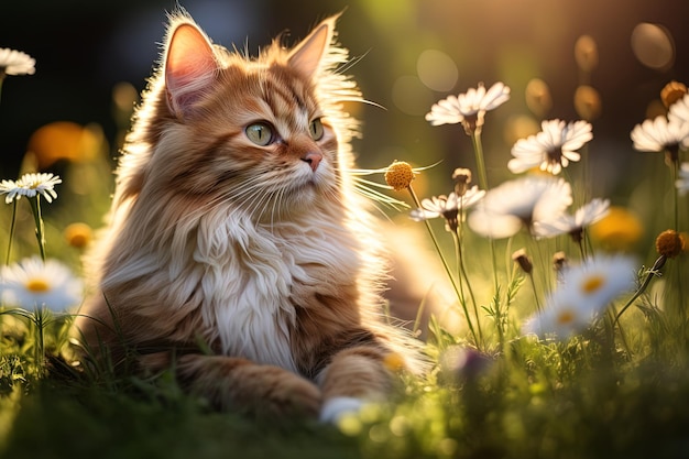 꽃 사이 의 정원 에서 귀여운 은 고양이 의 초상화