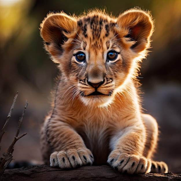 Portrait of a cute and funny wild lion cub looking at the camera