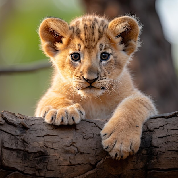Foto ritratto di un cucciolo di leone selvaggio carino e divertente che guarda la telecamera
