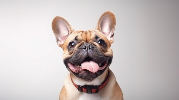 Foto ritratto di un cucciolo di bulldog francese sorridente su sfondo bianco con spazio di copia ai