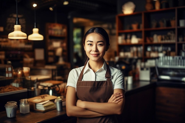 Portrait of a cute girl of a bartender or waiter against the background