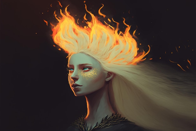 Portrait of a cute girl in the fire Burning girl in the flame Digital art style illustration painting of a woman in the fire