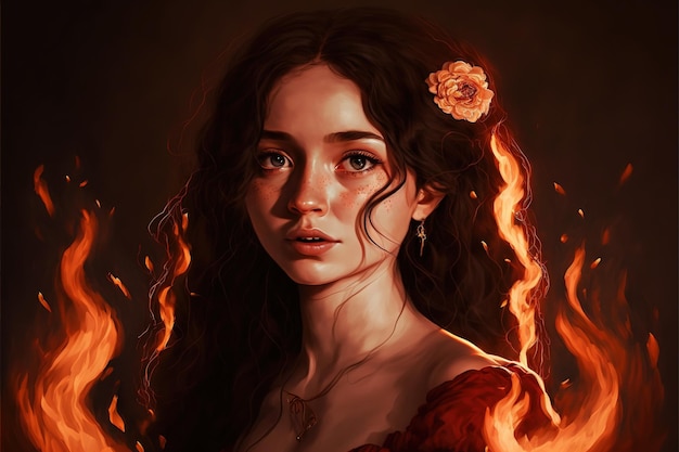 Portrait of a cute girl in the fire Burning girl in the flame Digital art style illustration painting of a woman in the fire