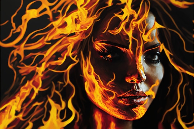 Портрет милой девушки в огне Горящая девушка в пламени Иллюстрация в стиле цифрового искусства Картина женщины в огне