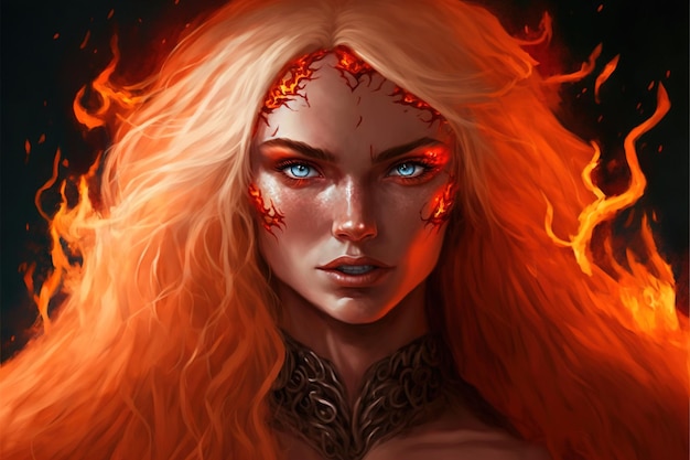 Portrait of a cute girl in the fire Burning girl in the flame Digital art style illustration painting of a woman in the fire