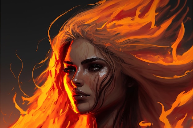 Portrait of a cute girl in the fire Burning girl in the flame Digital art style illustration painting of a woman in the fire