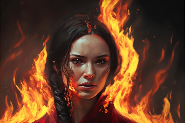 Portrait of a cute girl in the fire Burning girl in the flame Digital art style illustration painting of a woman in the fire