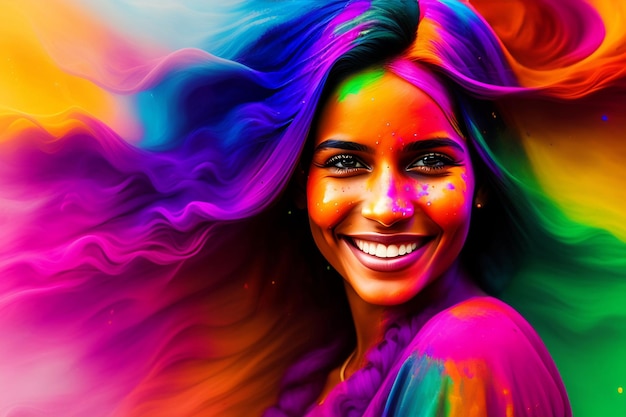 portrait of a cute girl painted in the colors of holi festival