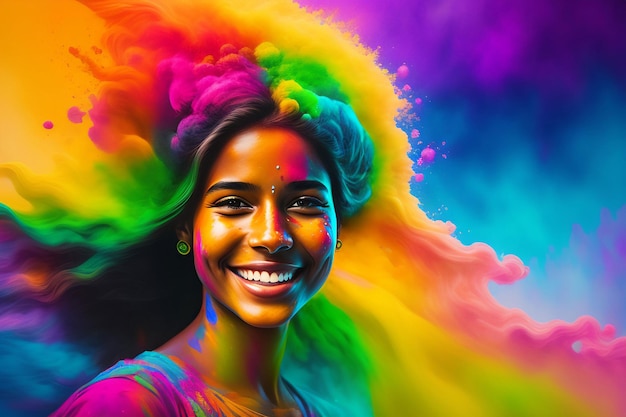 귀여운 소녀의 초상화는 Holi 축제의 색상으로 색칠.