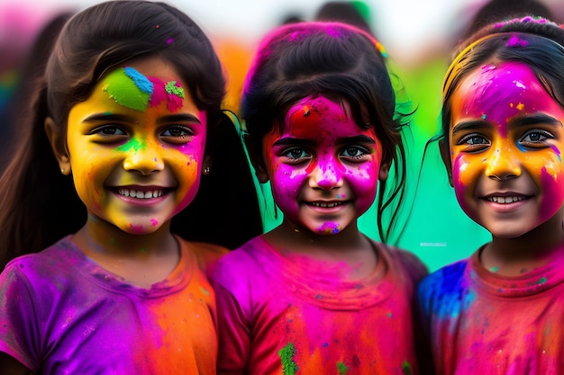 portrait of a cute girl painted in the colors of holi festival