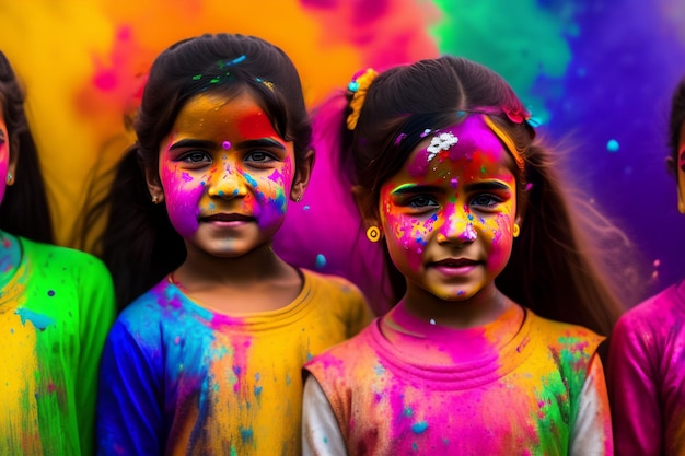 portrait of a cute girl painted in the colors of holi festival