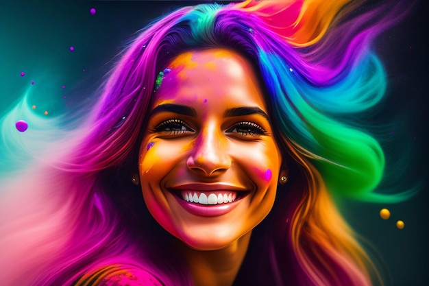 portrait of a cute girl painted in the colors of holi festival