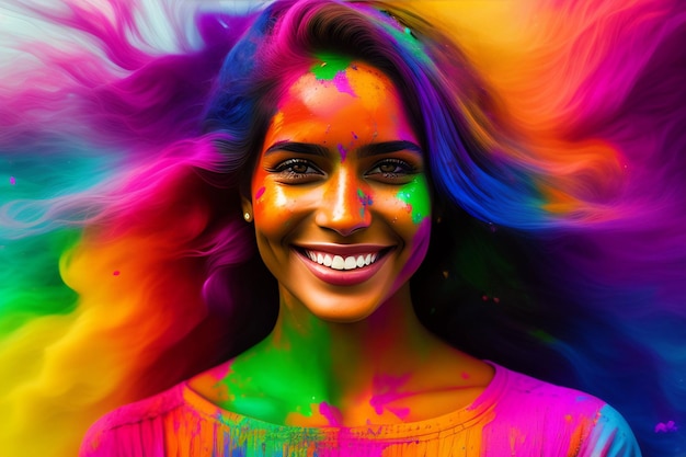 Portrait of a cute girl painted in the colors of holi festival