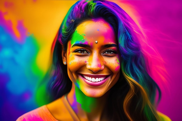 portrait of a cute girl painted in the colors of holi festival