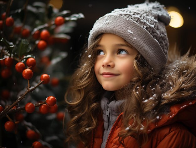 Photo portrait of a cute girl underneath the christmas tree wearing christmas winter theme dress snow
