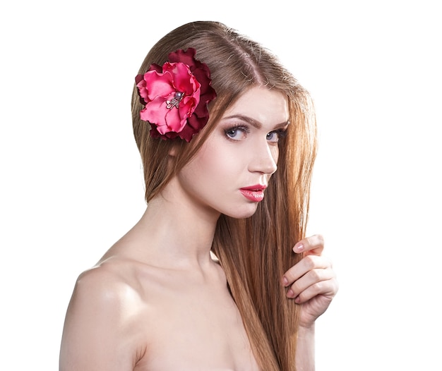 Portrait of cute girl with long hair .isolated on light