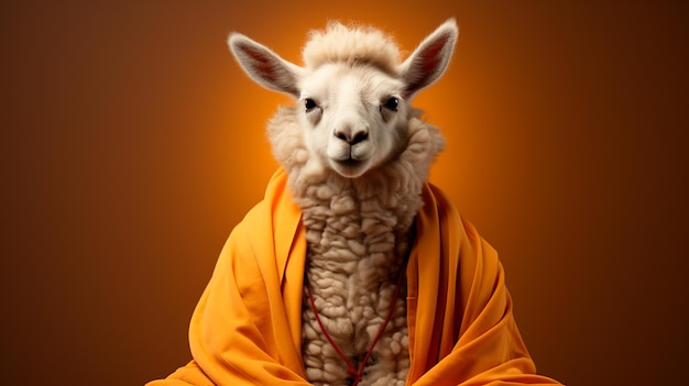 portrait of a cute goat with a red scarf on a black background