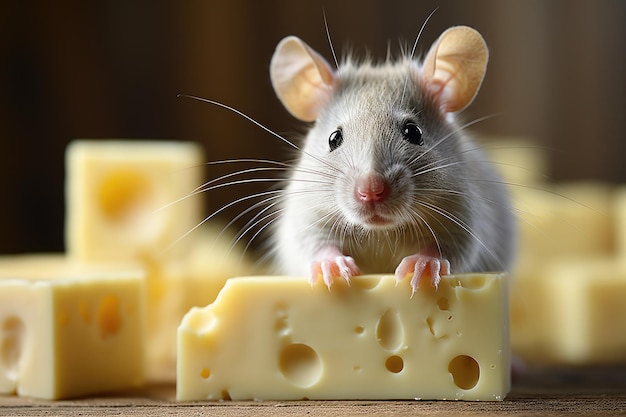 Portrait of cute grey little mouse with piece of yellow cheese looking at camera