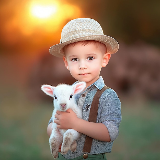 Portrait Cute handsome child Arabic features puts a hat on his head happy and hold small cute sheep