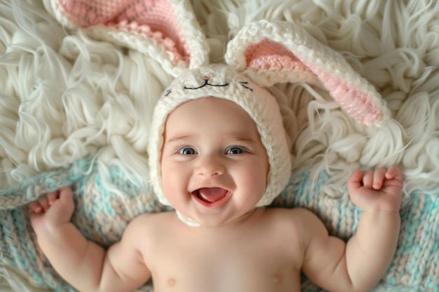 Portrait of a cute happy easter baby wearing easter bunny ears