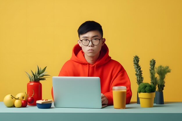 Портрет милого каваи, смешного, успешного азиатского программиста, парня в красной толстовке с капюшоном, использует компьютер, кофе, ноутбук, смартфон, печенье, зеленое растение в горшке, Generative Ai