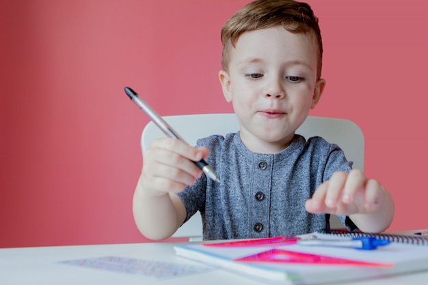 Portrait of cute kid boy doing homework