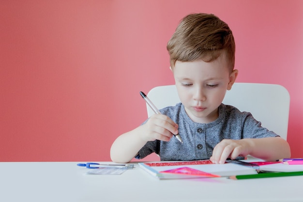 Portrait of cute kid boy at home doing homework