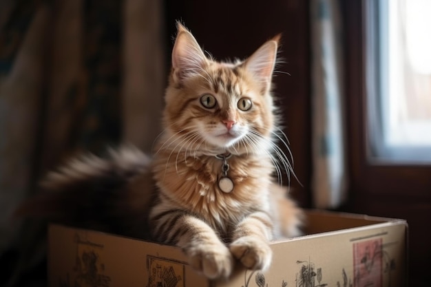 Portrait of a cute kitten sitting in a box created with generative ai