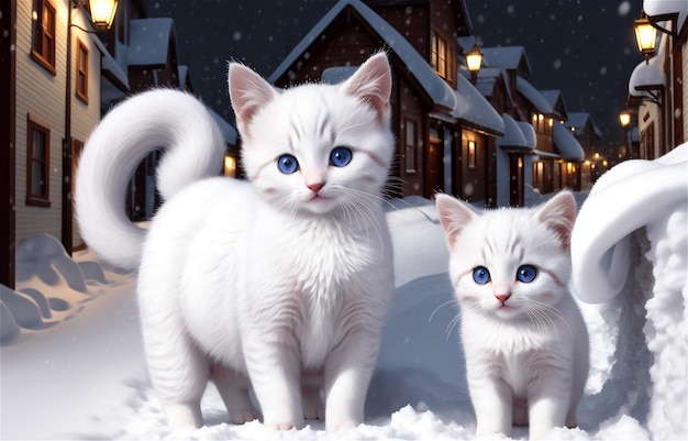 Portrait of cute kitten in the snow on the background of the winter village