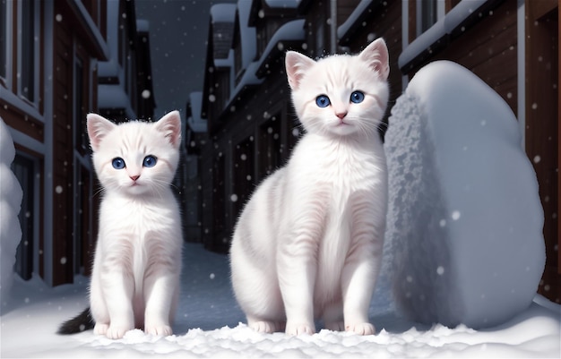 Portrait of cute kitten in the snow on the background of the winter village