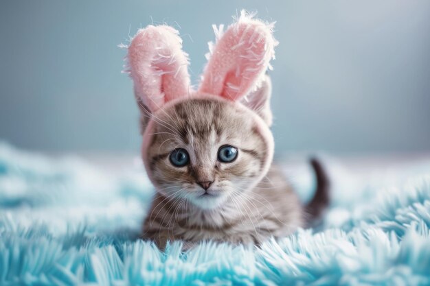 portrait of a cute kitten wearing easter bunny ears happy easter concept