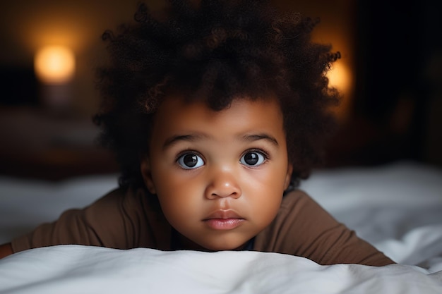 Portrait of a cute little african american baby looking at camera while lying in bed at home