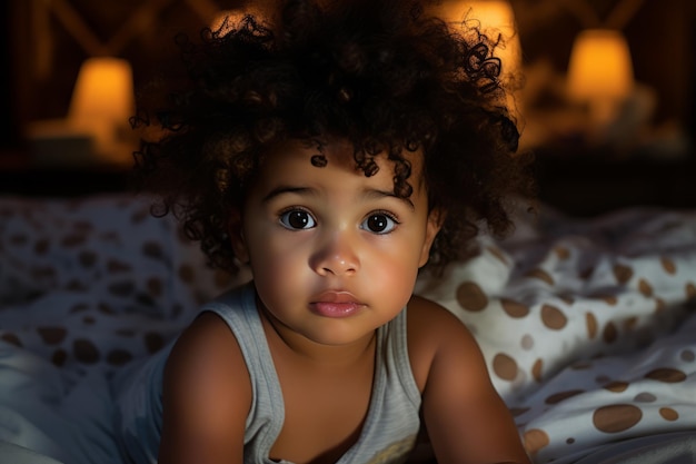 집에서 침대에 누워 카메라를 바라보는 귀여운 아프리카계 미국인 아기의 초상화